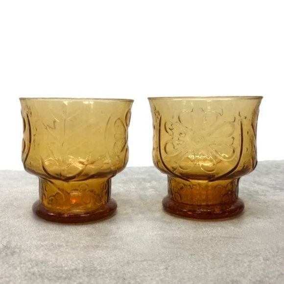 MCM Vintage Libbey Ombré Amber Daisy Floral Glass Tumbler Cups - Set of 2 - Picture 2 of 8